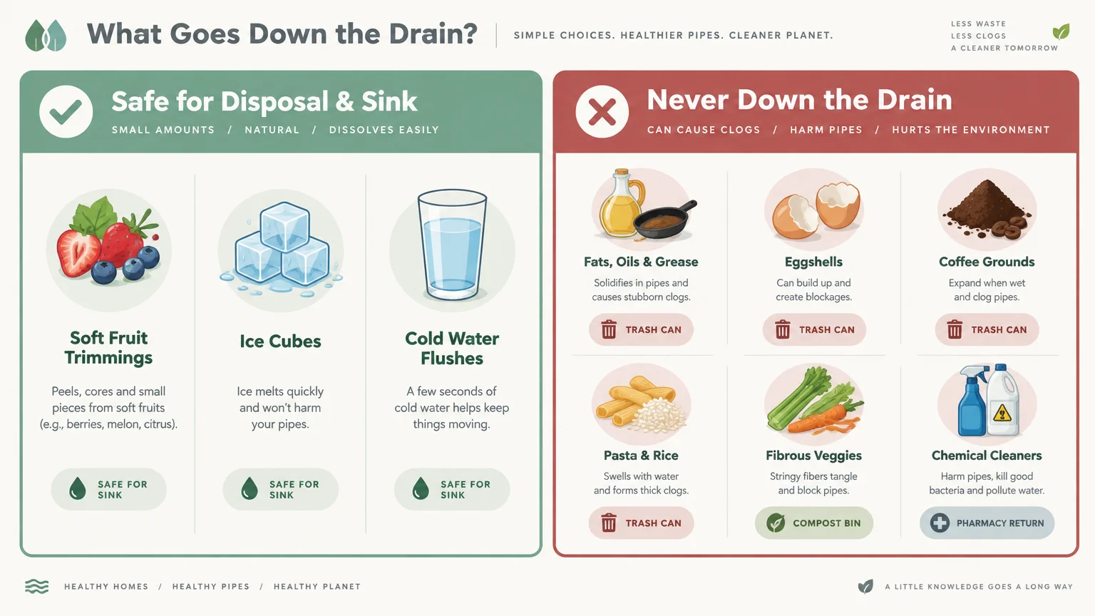 Infographic showing items safe for sinks like fruit trimmings versus drain hazards like grease, eggshells, and coffee grounds.