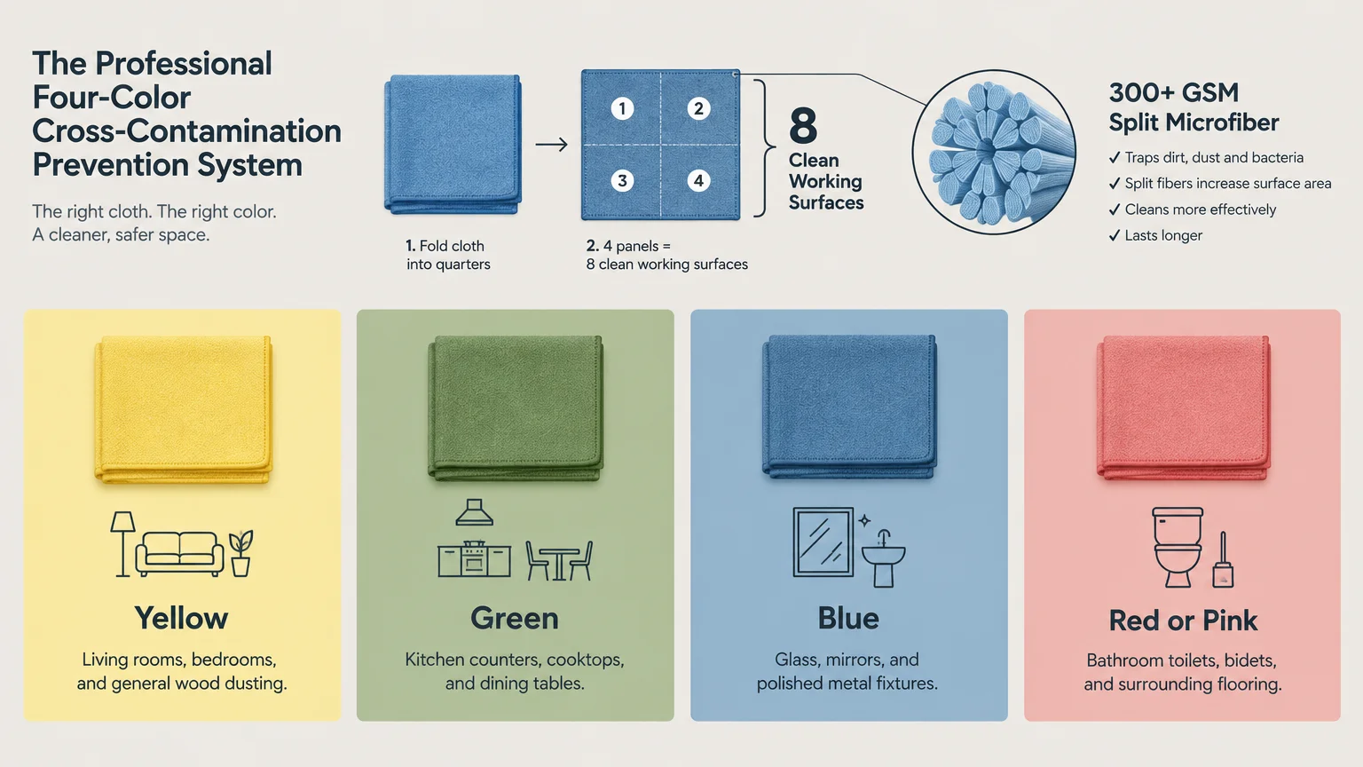 Diagram of four color-coded microfiber cloths with folding steps and room cleaning assignments.