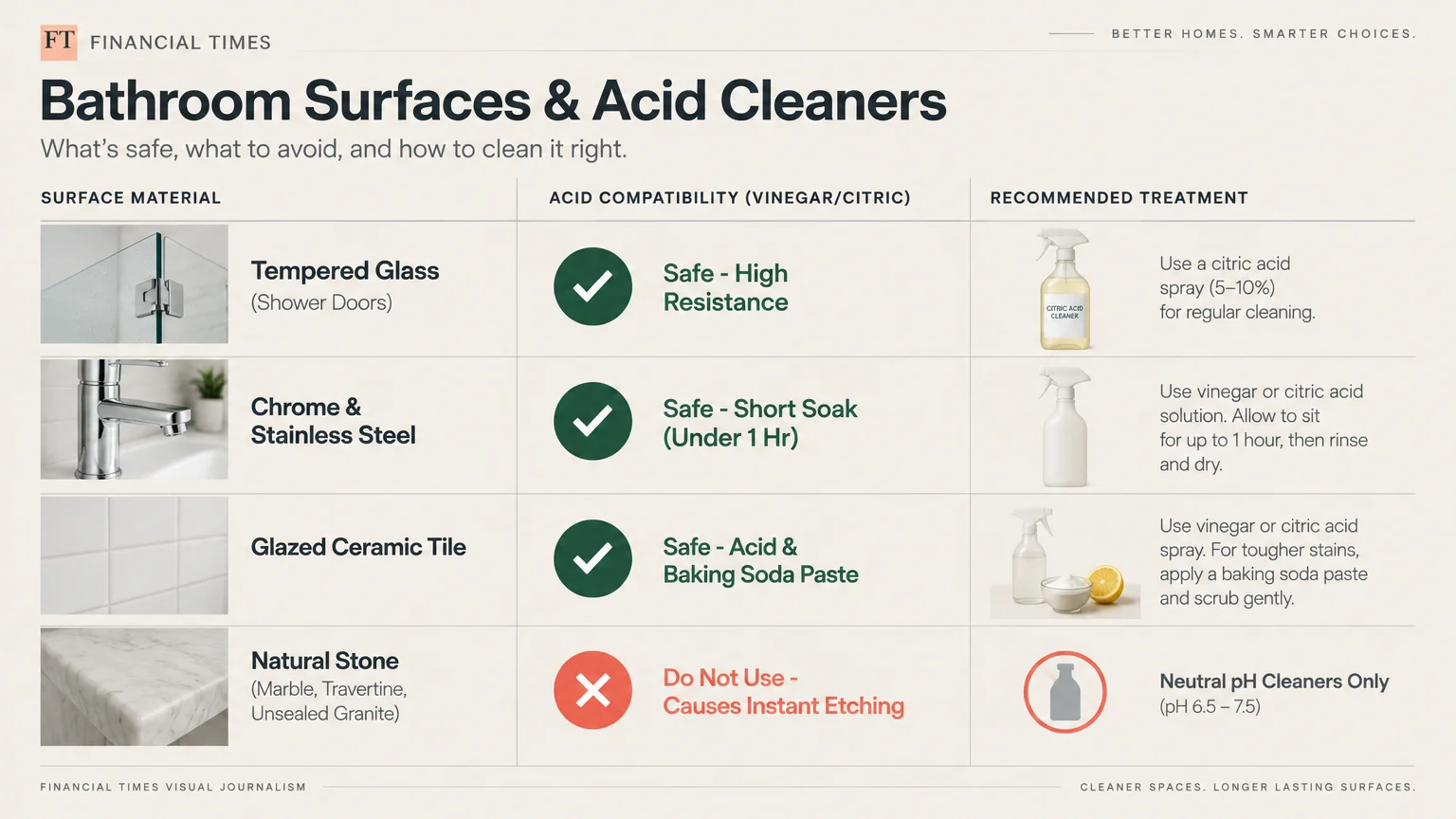 Chart detailing acid compatibility and recommended cleaning treatments for tempered glass, chrome, ceramic tile, and stone.