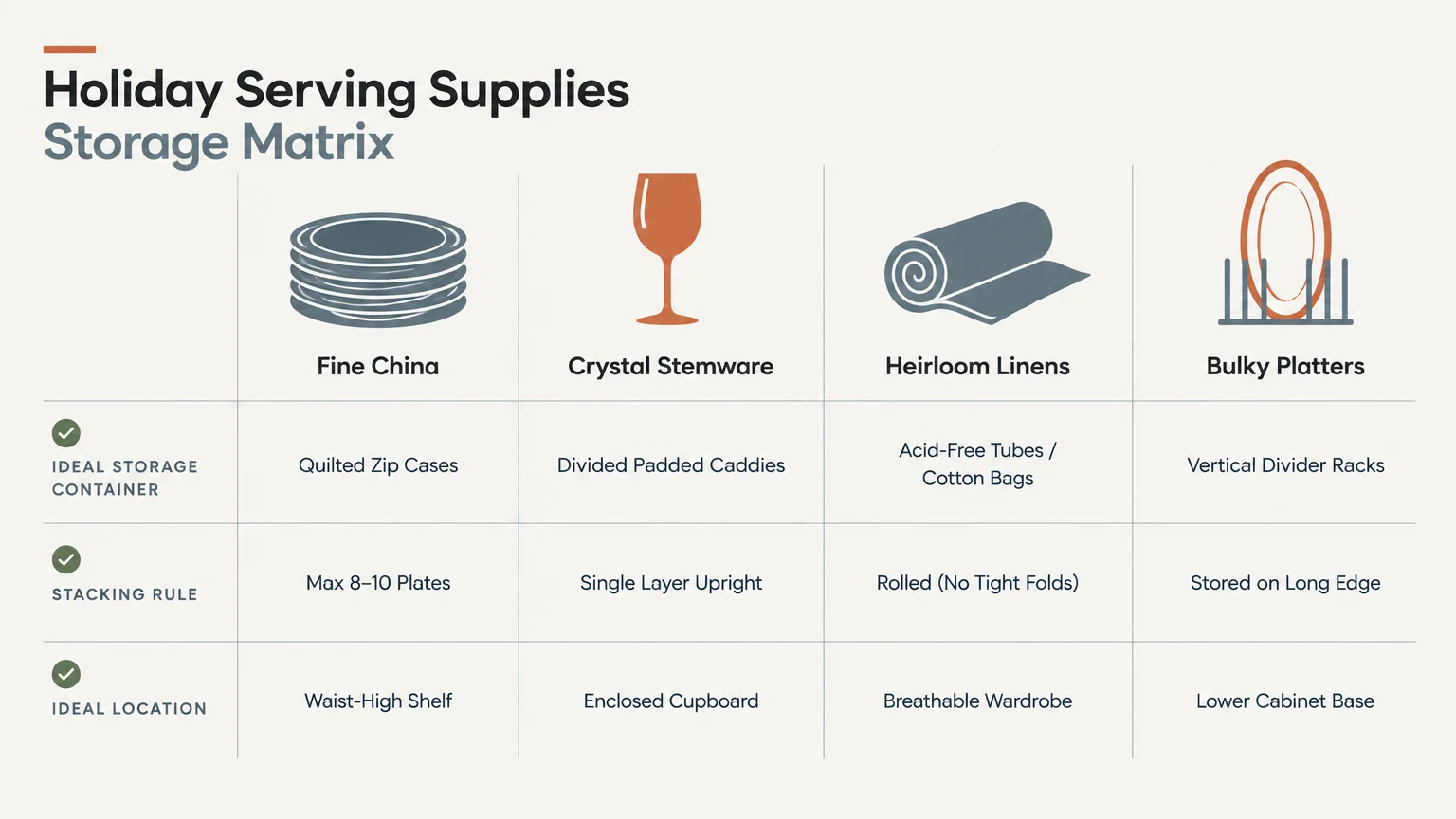 A holiday serving supplies storage matrix chart categorizing fine china, crystal stemware, heirloom linens, and bulky platters.