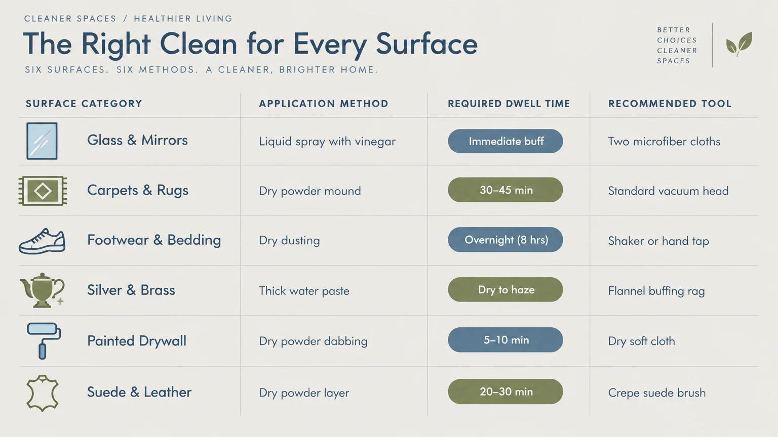 Chart listing application methods, dwell times, and recommended tools for six different household surfaces.