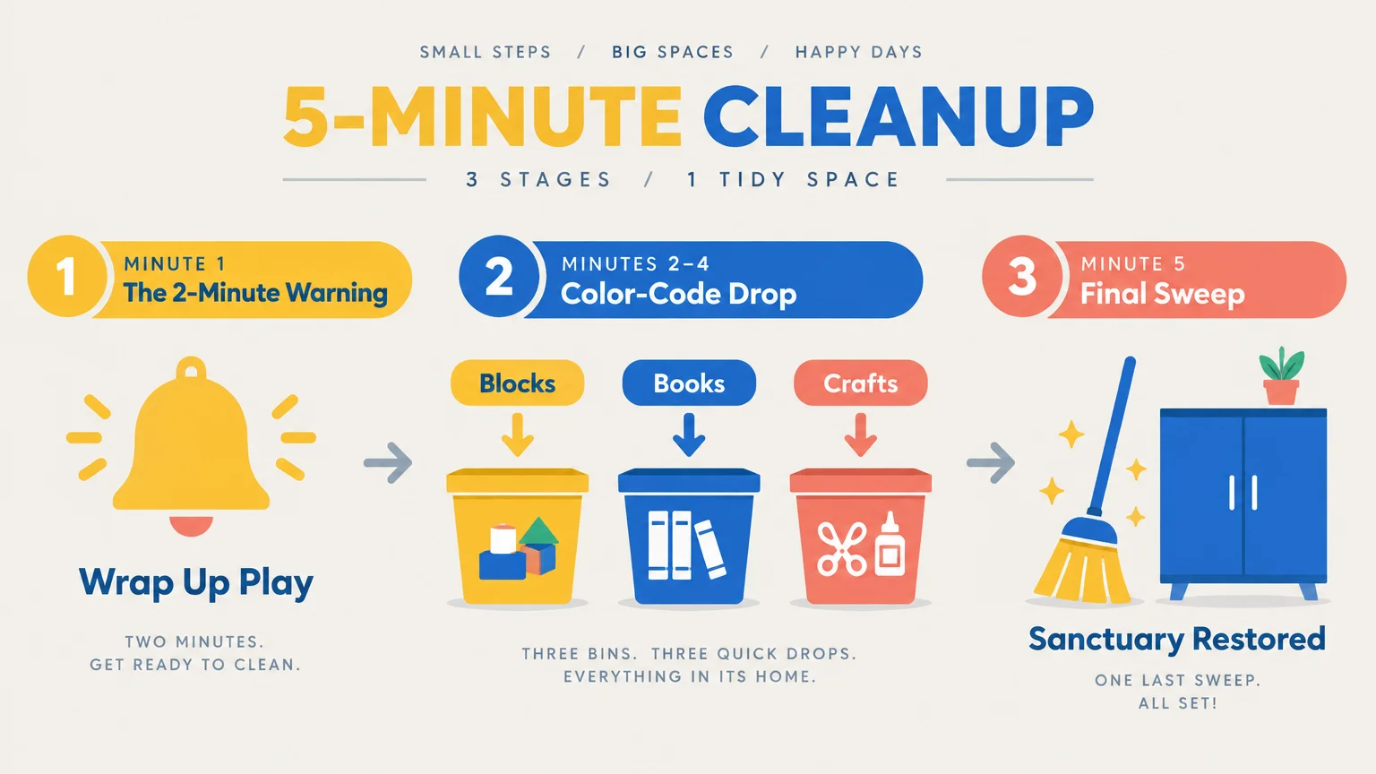Three-step 5-minute cleanup diagram showing a ringing bell, color-coded storage bins, and a broom beside a cabinet.
