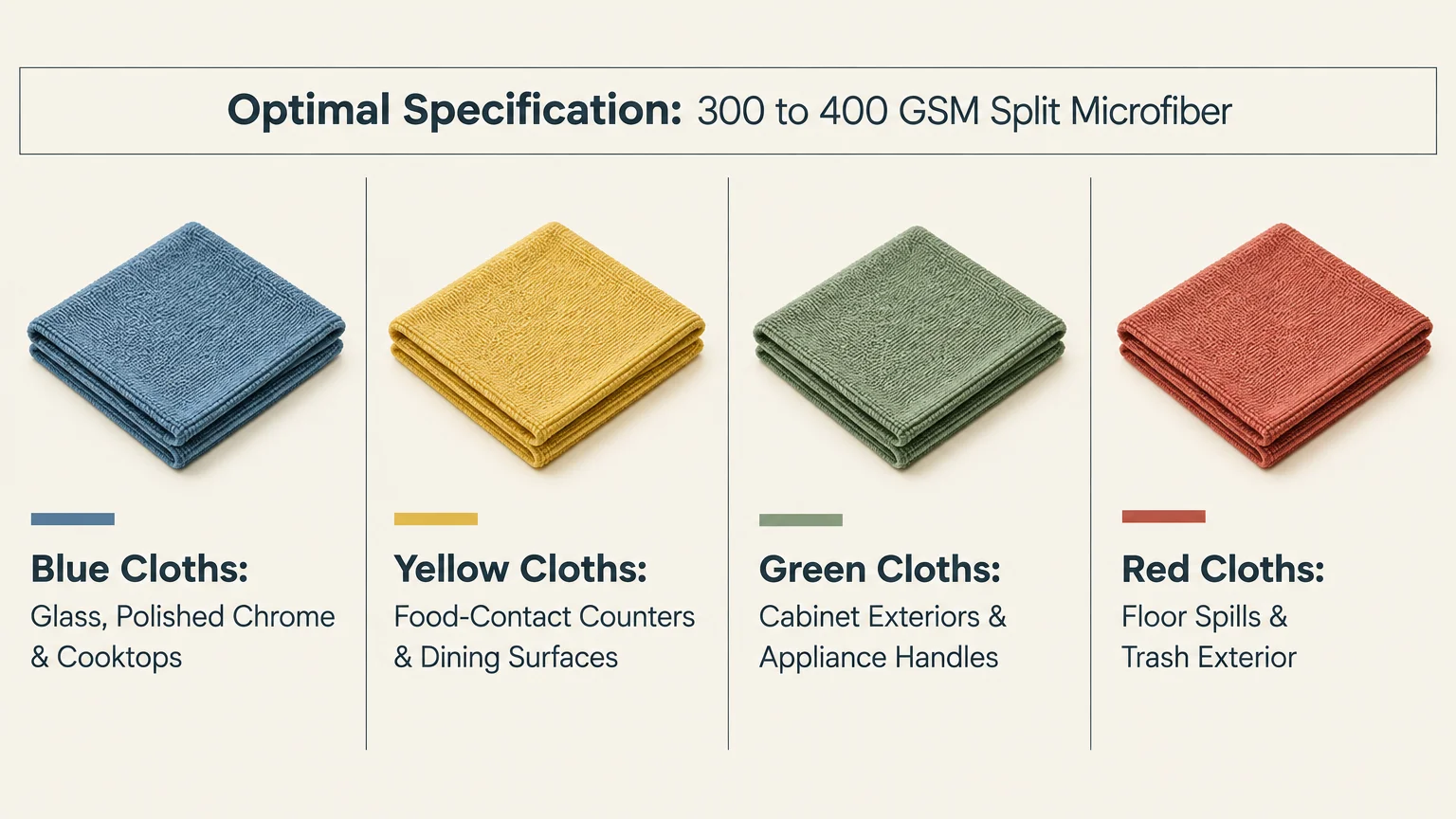 Infographic showing blue, yellow, green, and red folded microfiber cloths with designated kitchen cleaning uses.