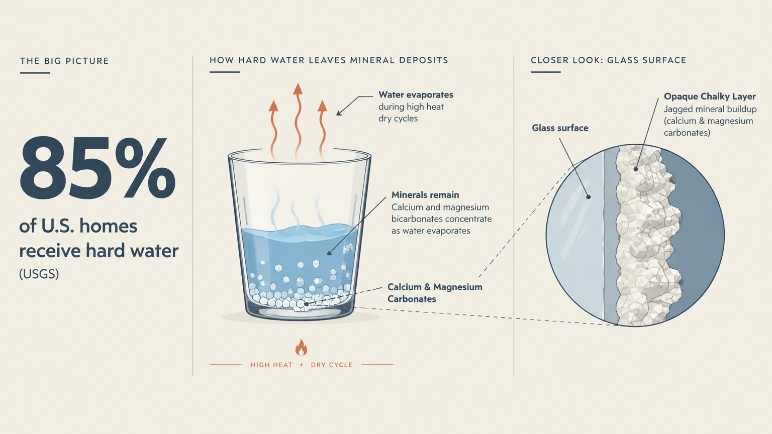 Diagram illustrating how hard water evaporates under high heat, leaving behind a jagged, chalky mineral layer on glass.