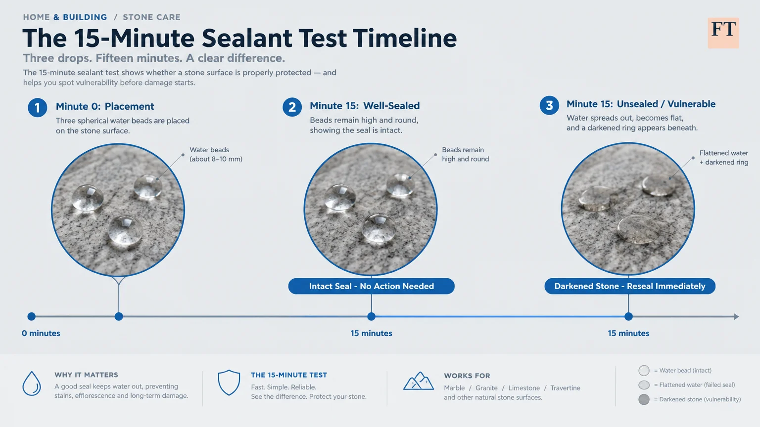 Diagram illustrating a fifteen-minute water sealant test timeline comparing well-sealed water beads with flattened water on stone.