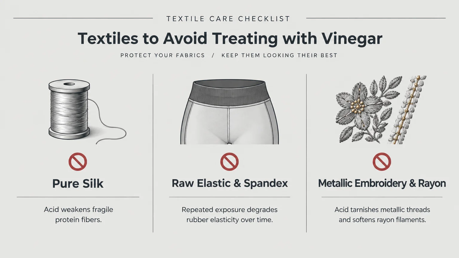 Diagram listing textiles to avoid treating with vinegar: pure silk, raw elastic and spandex, and metallic embroidery.