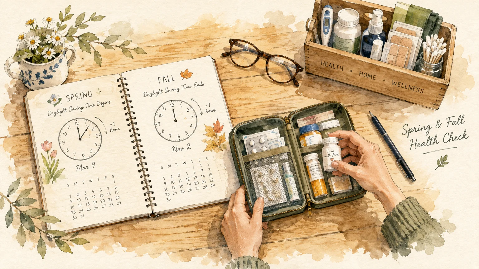 Watercolor illustration of a planner open to Daylight Saving Time next to hands organizing medicine bottles in a pouch.