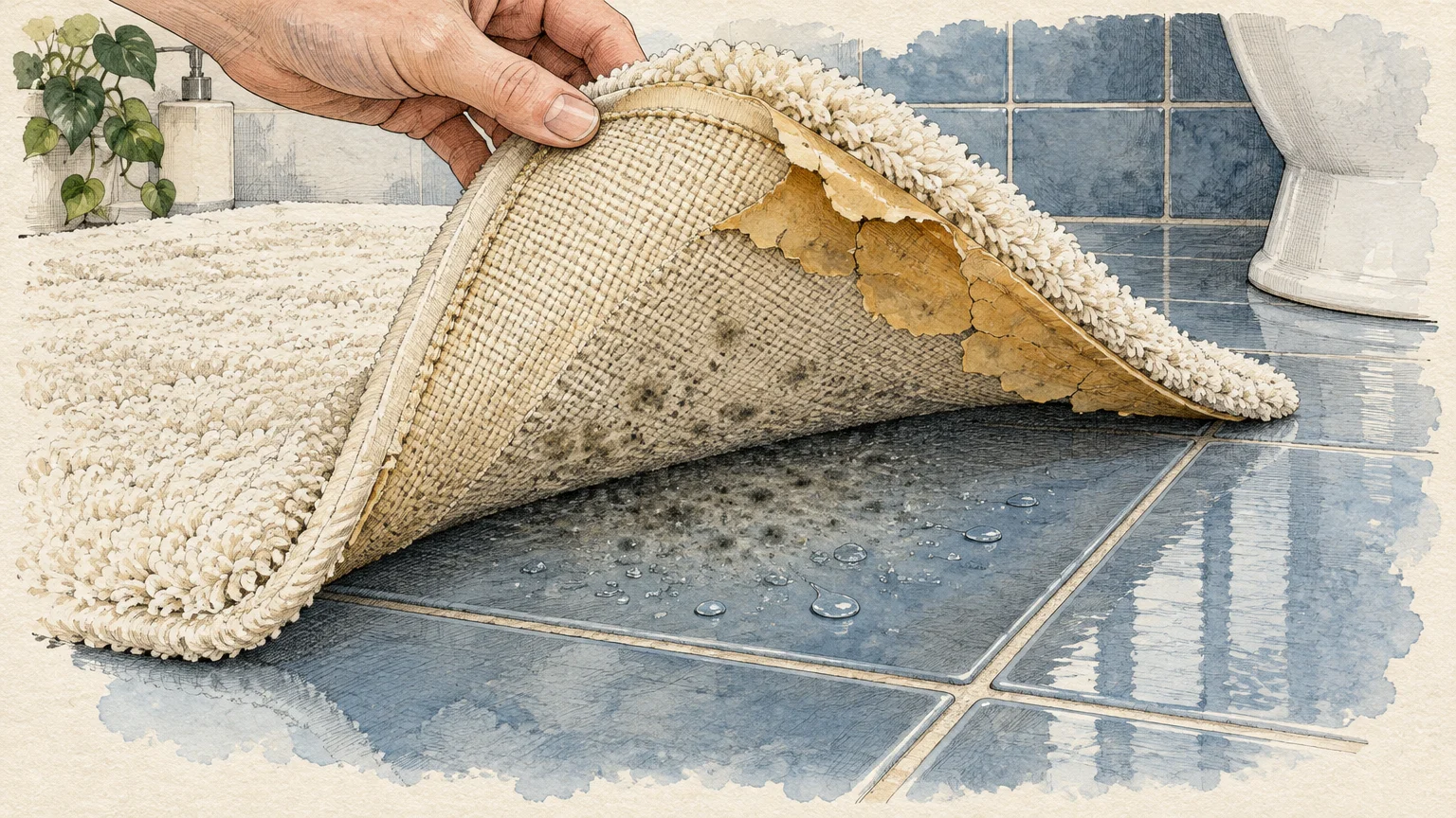Hand lifting a peeling bath mat to reveal dark mildew and trapped water droplets on a blue tile bathroom floor.