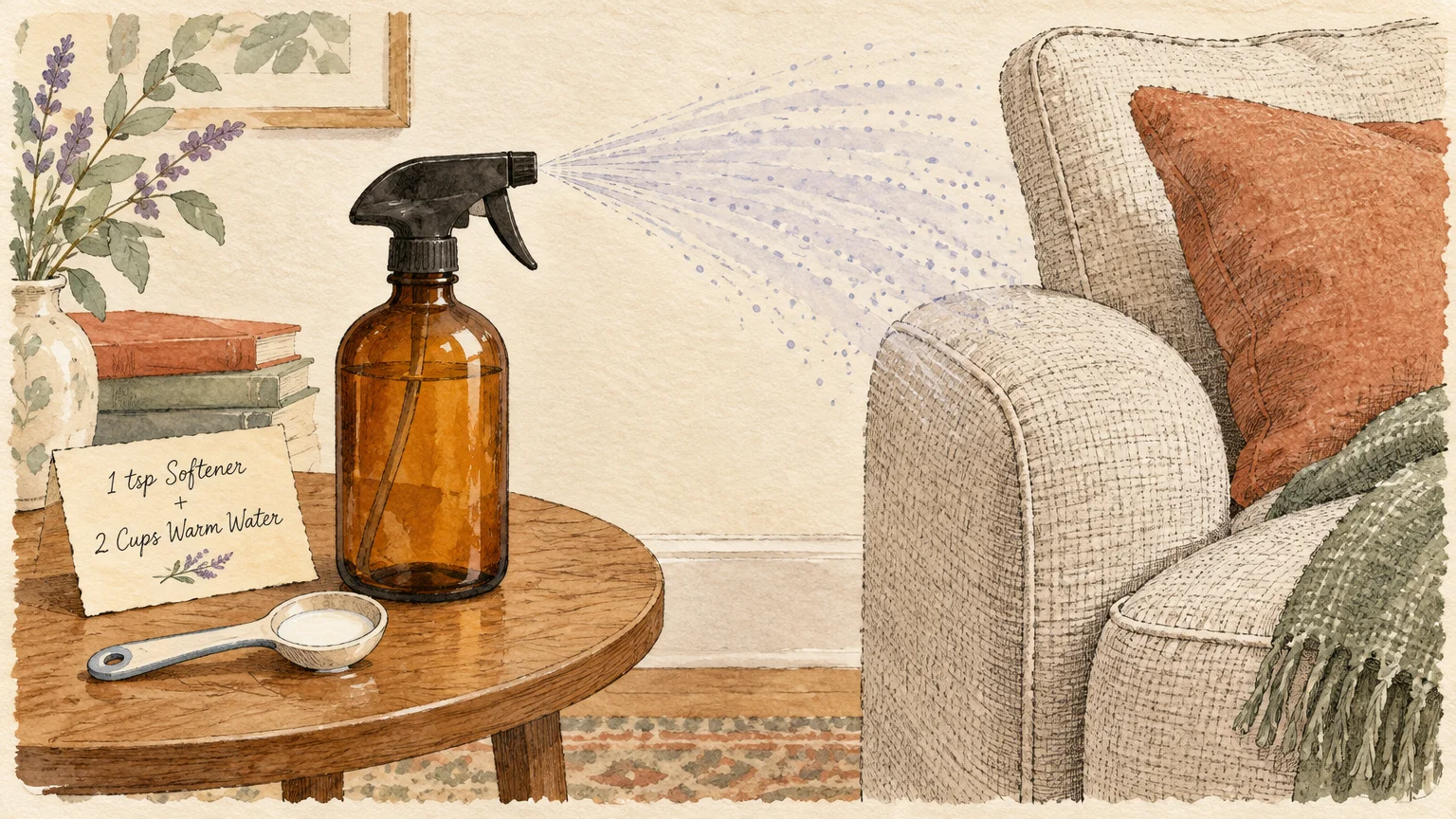 Watercolor illustration of an amber spray bottle misting an armchair next to a recipe card and measuring spoon on a table.