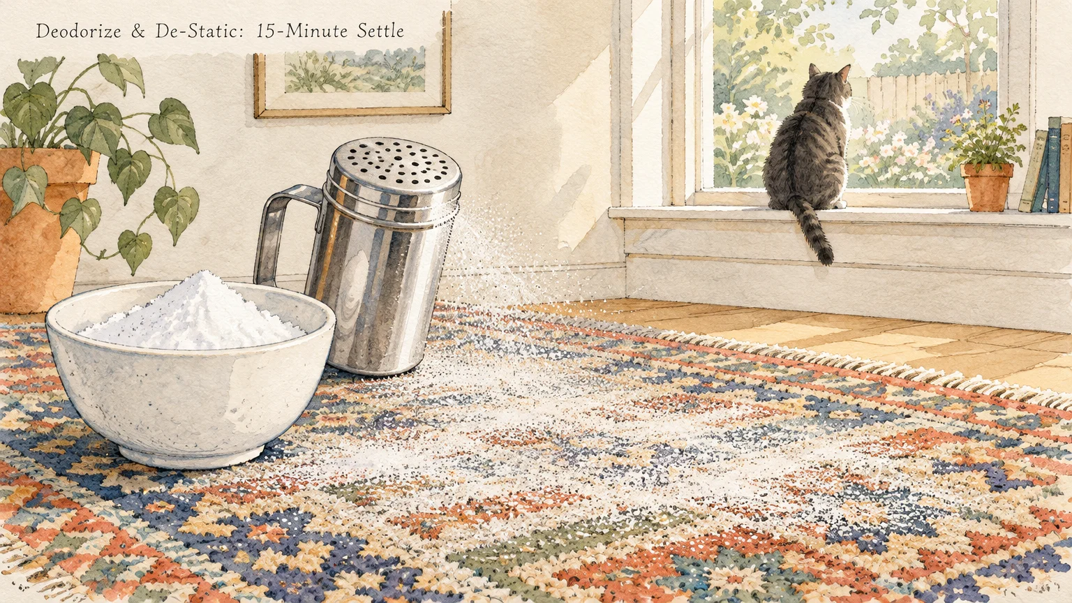 Watercolor illustration of a metal shaker and bowl dusting white powder onto a rug, with a cat sitting on a windowsill.