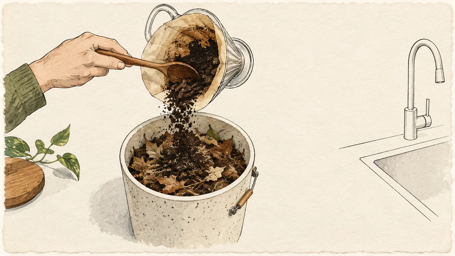 A hand empties used coffee grounds from a pour-over filter into a countertop compost bucket beside a kitchen sink.