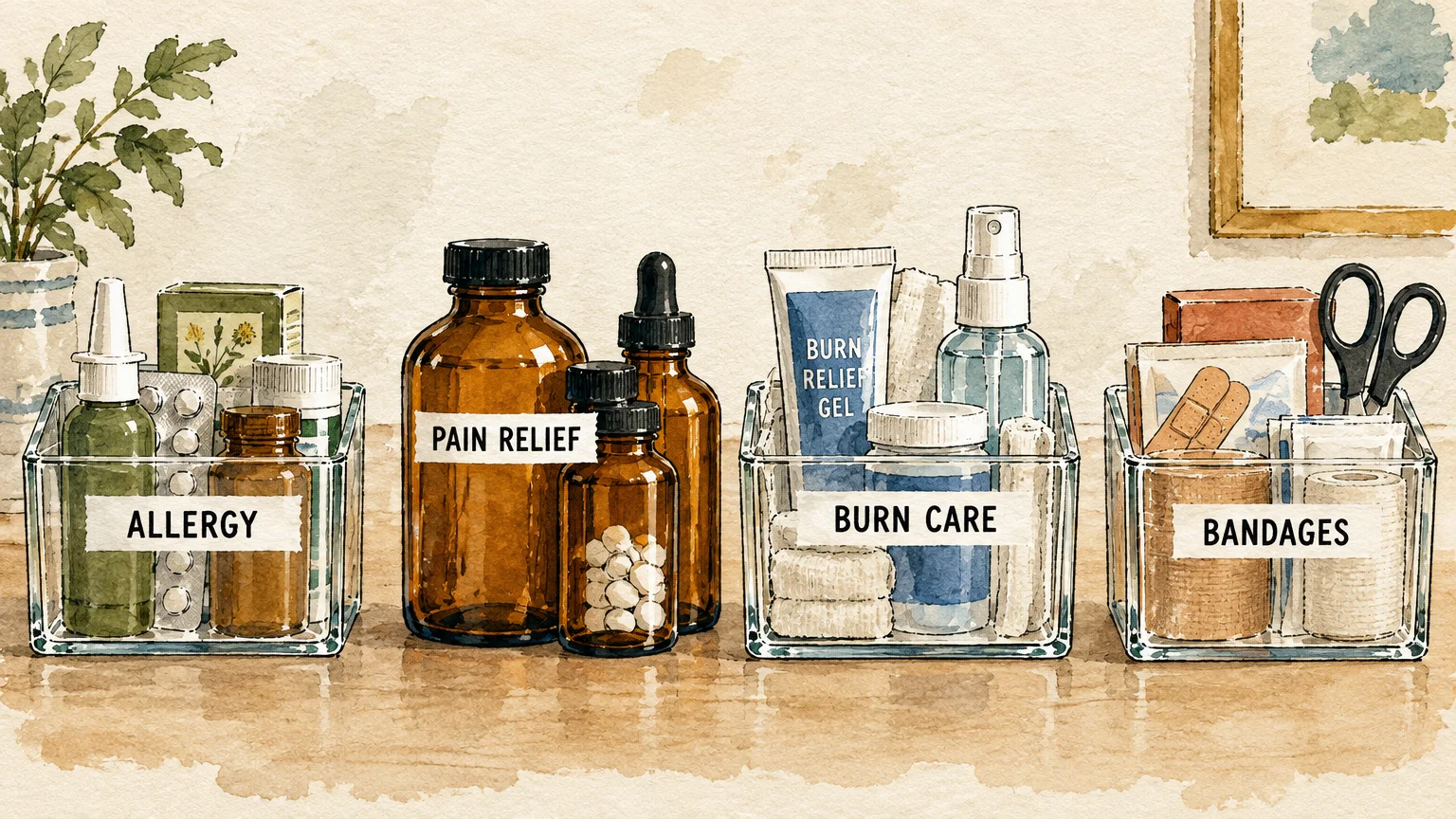 Watercolor illustration of medicine containers and clear bins labeled Allergy, Pain Relief, Burn Care, and Bandages.