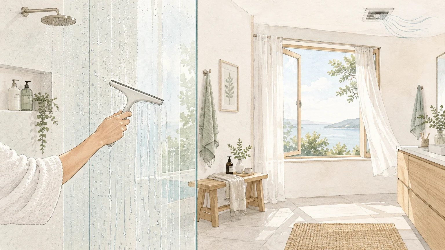 Illustration of a hand squeegeeing wet shower glass next to a sunlit bathroom with an open window and ceiling fan.