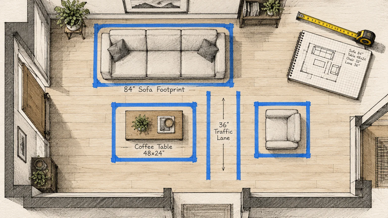 Overhead architectural sketch of living room furniture taped out on wood floors with dimensions and a planner notepad.