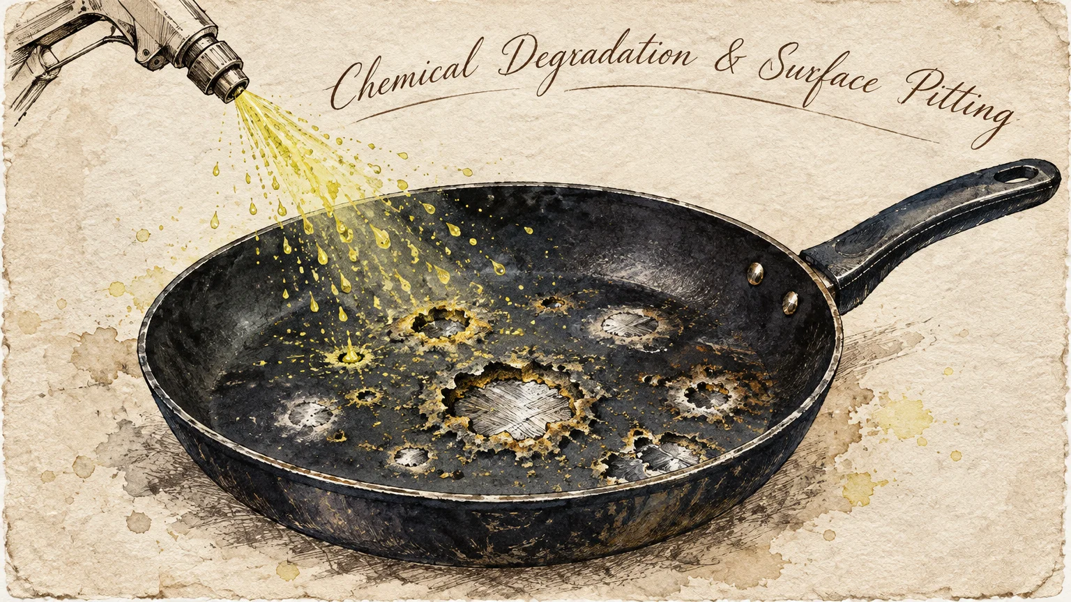 Illustration of a spray nozzle spraying yellow liquid onto a non-stick pan with severe surface corrosion and pitted holes.