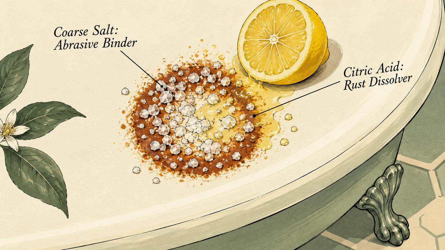 Illustration of a lemon half squeezing juice over salt crystals on a rust ring atop a vintage clawfoot bathtub edge.