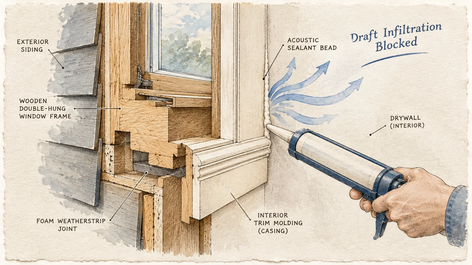 Illustration showing a caulking gun applying sealant along interior window trim molding to block draft infiltration.