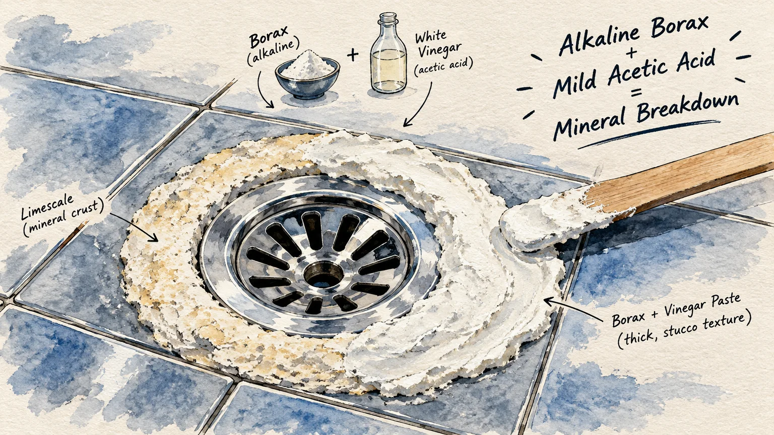 Diagram of thick white paste applied with a wooden spatula over a crusty mineral ring surrounding a shower floor drain.