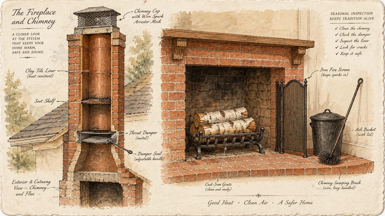 Illustrated diagram of a brick fireplace and chimney cutaway showing internal flue parts, damper, and cleaning tools.