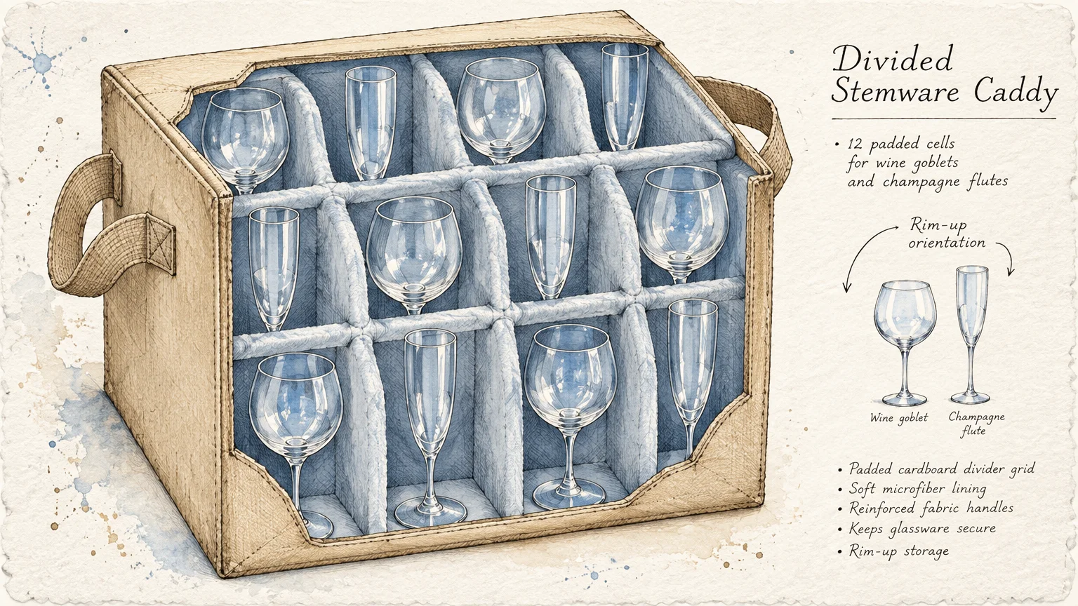 Illustration of a divided fabric stemware caddy holding wine glasses and champagne flutes upright in padded slots.