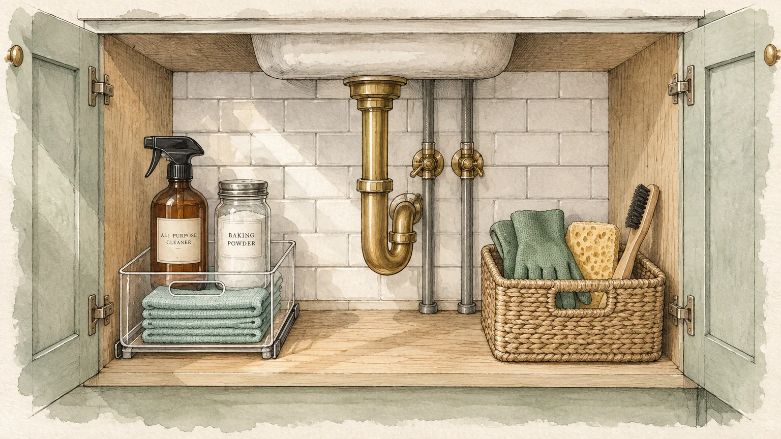 Watercolor illustration of an organized under-sink cabinet with cleaning bottles, folded towels, and a woven basket.