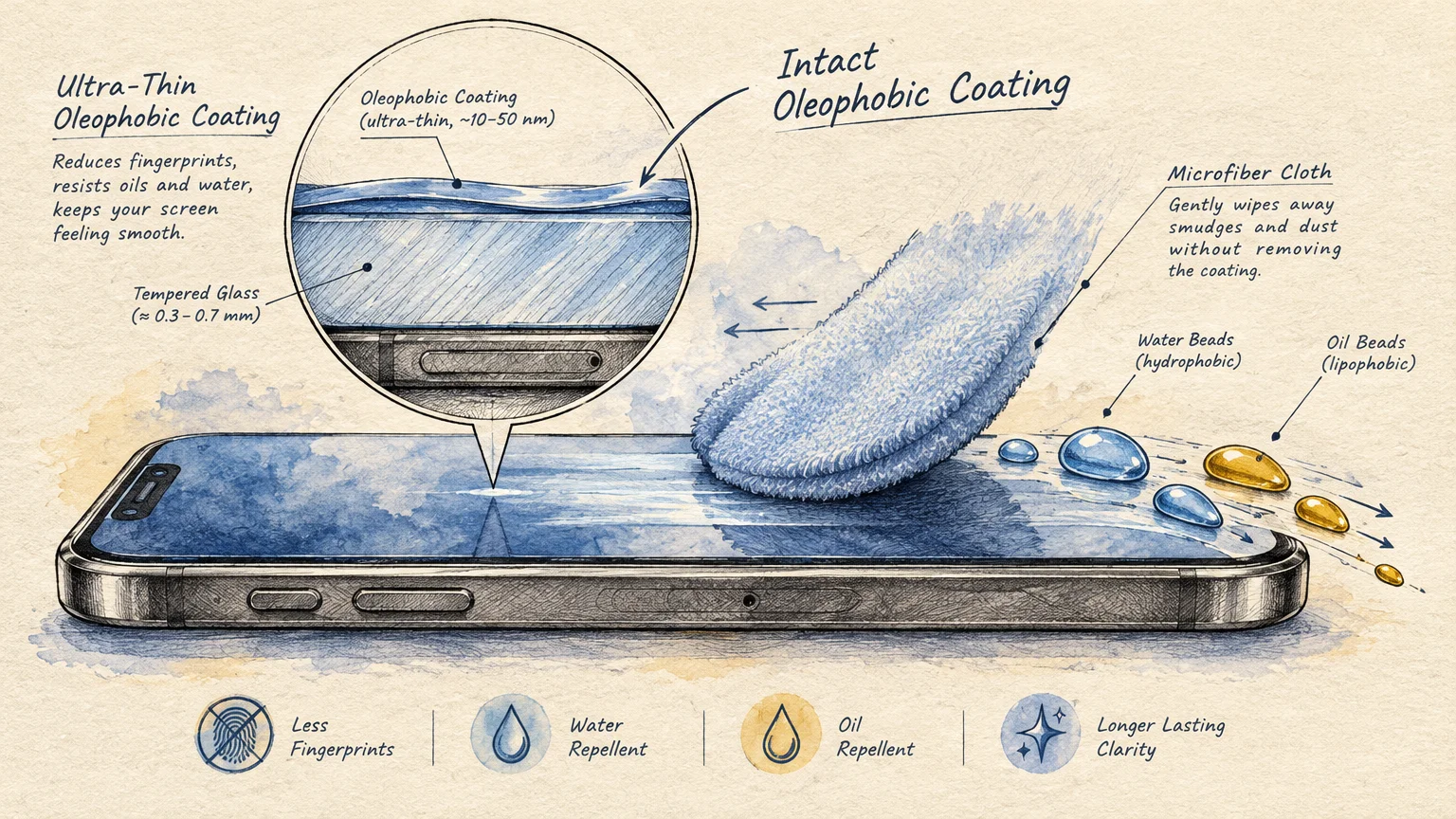 Diagram of a smartphone screen showing an oleophobic coating layer, water and oil droplets, and a microfiber cloth.