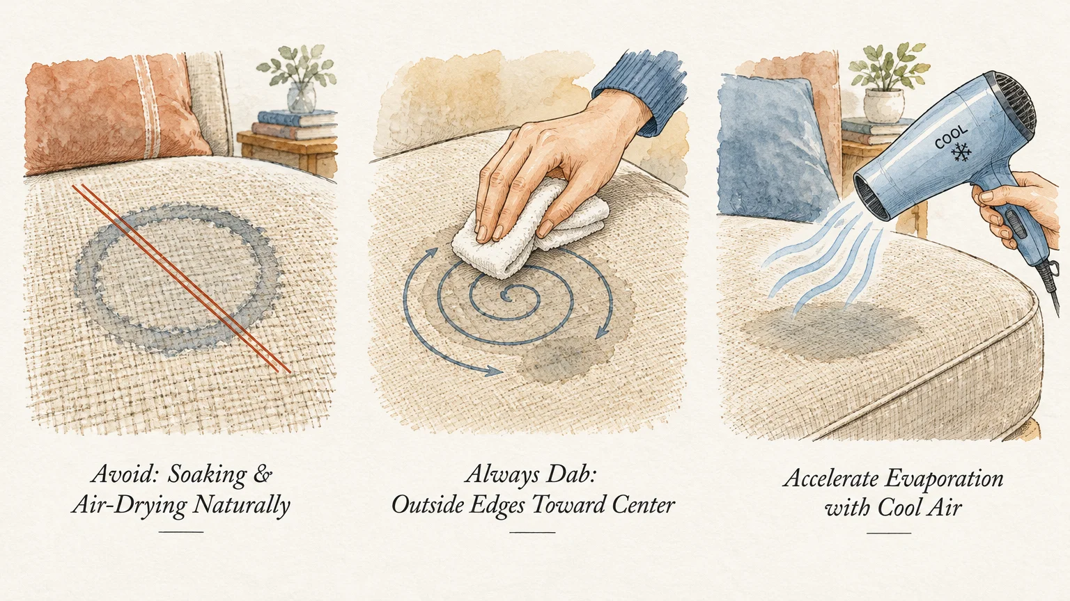 Three-panel watercolor guide showing how to treat fabric stains, dab inwards, and dry upholstery with a hairdryer.