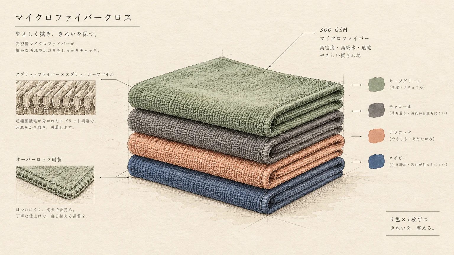 Illustration of four folded microfiber cloths in green, charcoal, peach, and blue stacked with Japanese diagrams.