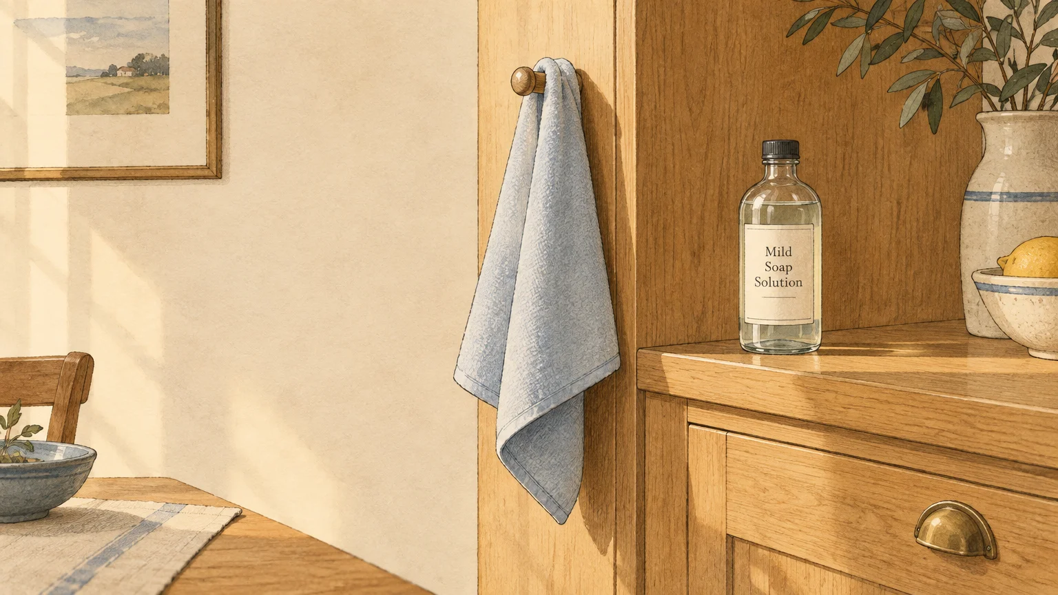 Illustration of a light blue cloth hanging on a wooden cabinet next to a bottle labeled Mild Soap Solution.
