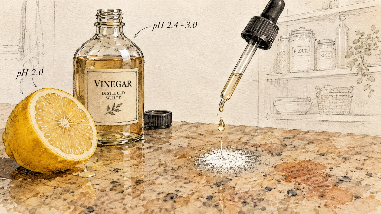 Illustration of a cut lemon, a bottle of vinegar, and an eye dropper dripping liquid onto a granite countertop.