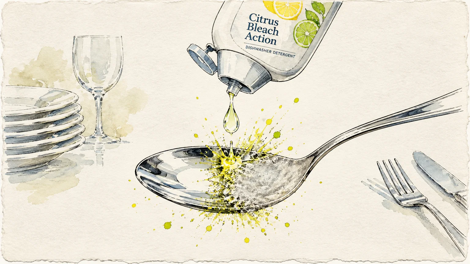 Illustration of detergent dripping onto a polished spoon, causing half of the bowl to turn dull and cloudy.