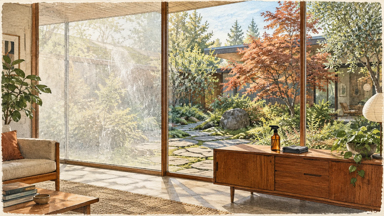 Illustration of a living room with floor-to-ceiling glass doors, one pane hazy and the others clear looking out onto a garden.