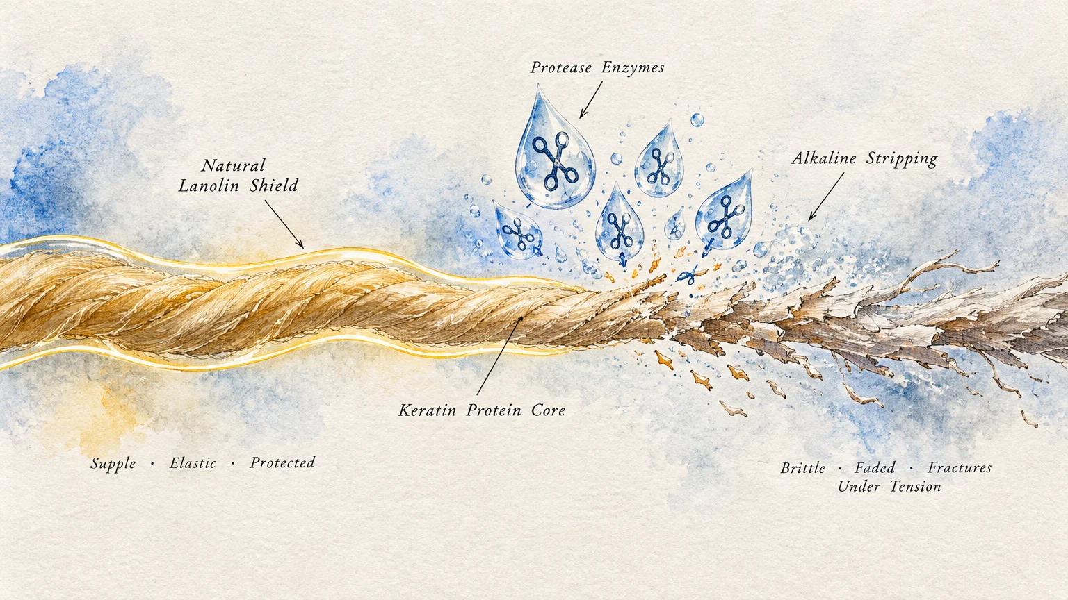 Illustration showing a wool fiber breaking down as protease enzymes attack the keratin core and strip its lanolin shield.