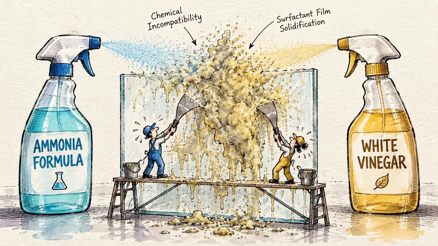 Illustration of spray bottles spraying ammonia and vinegar onto glass, creating a foamy buildup scraped by tiny workers.