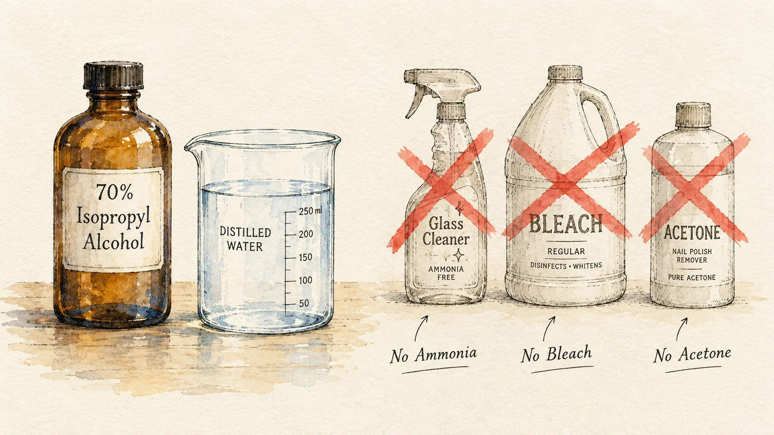 Illustration of isopropyl alcohol and distilled water next to crossed-out bottles of glass cleaner, bleach, and acetone.