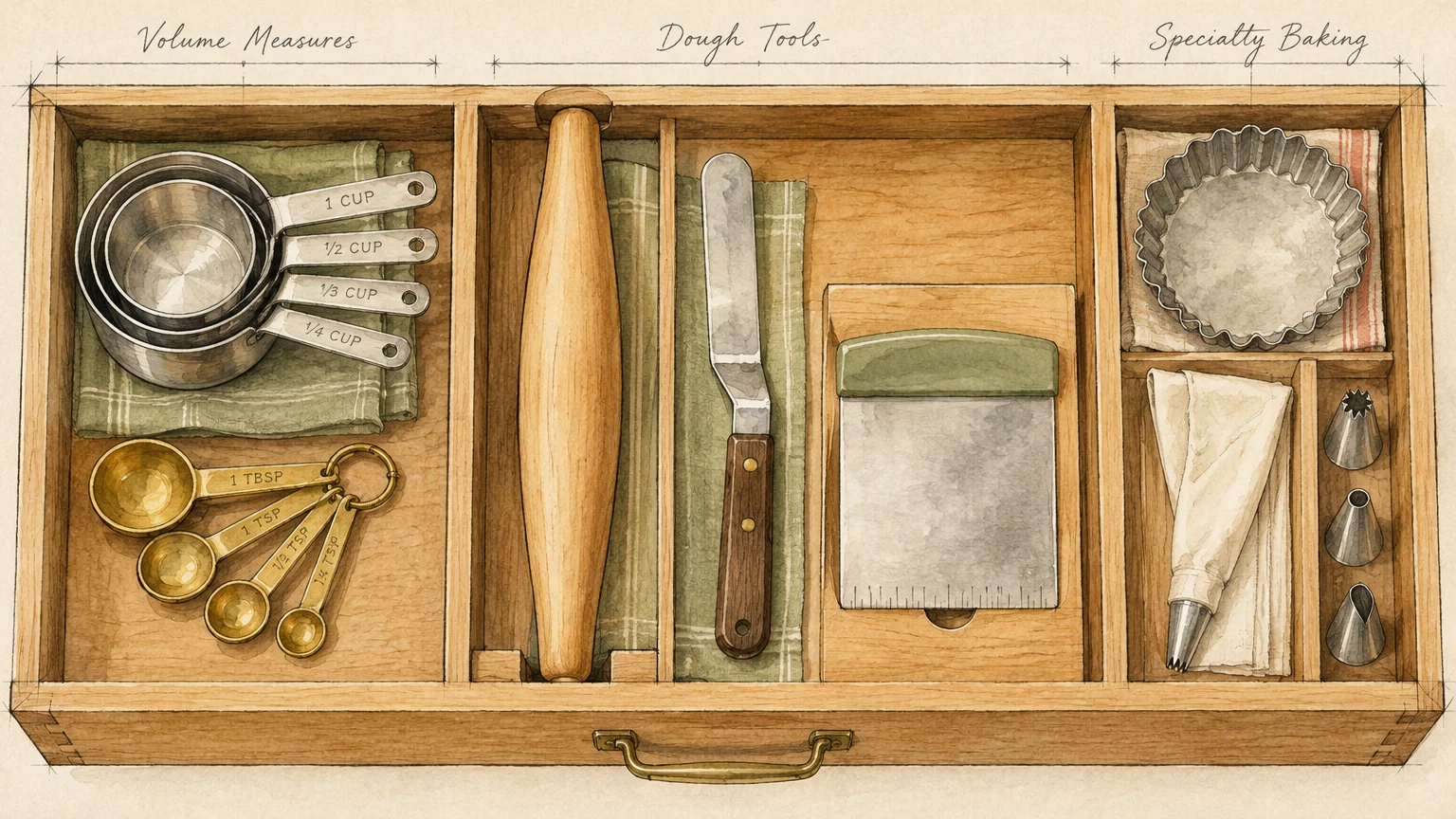Illustration of an organized wooden drawer divided into compartments for measuring cups, spoons, a rolling pin, and baking tools.