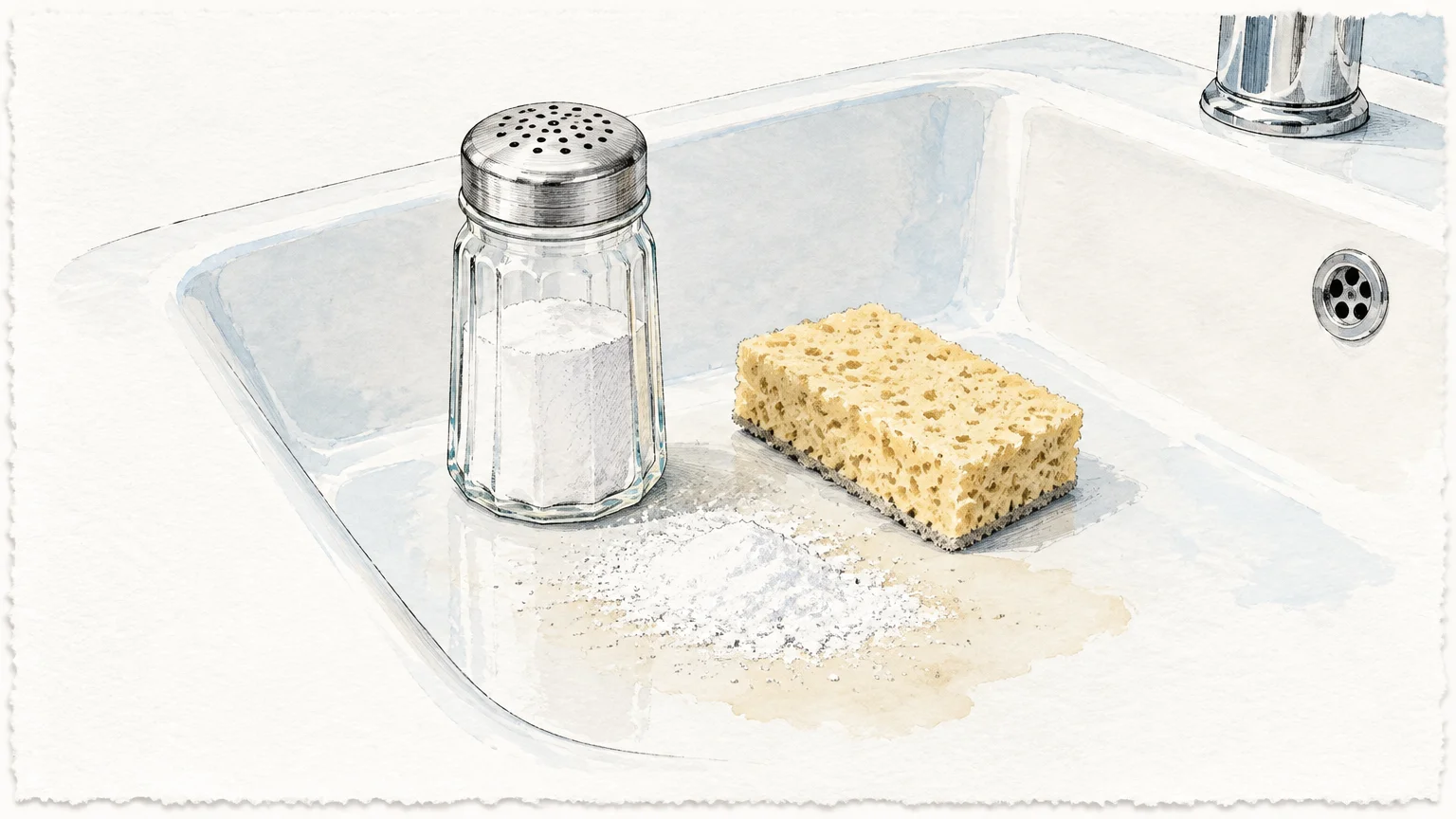 Ink and watercolor illustration of a glass shaker filled with white powder, a pile of powder, and a sponge in a white sink.
