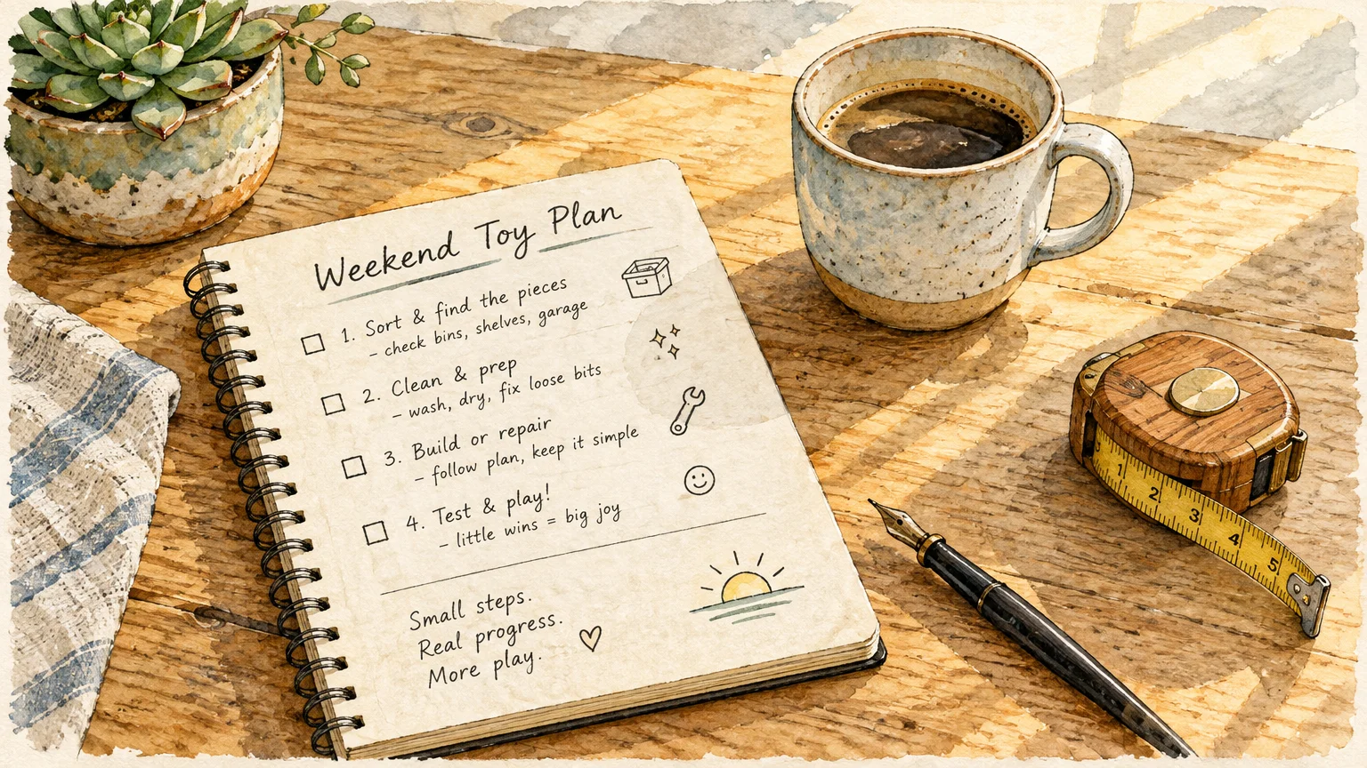 Watercolor illustration of an open spiral notebook listing a weekend toy plan next to coffee, a pen, and tape measure.