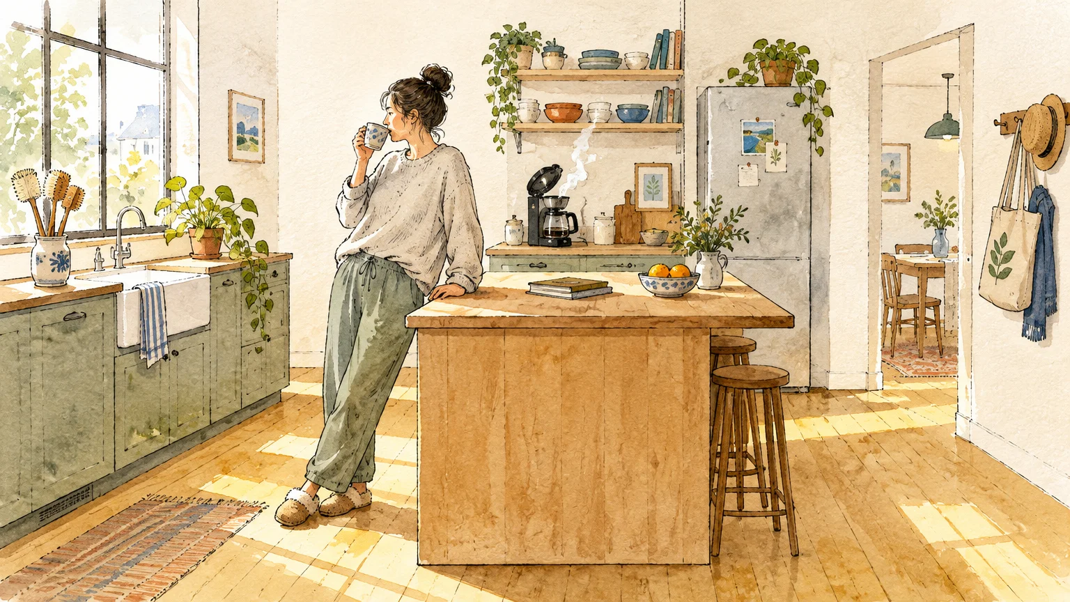 Watercolor illustration of a woman drinking coffee while leaning against a wooden island in a sunlit kitchen.