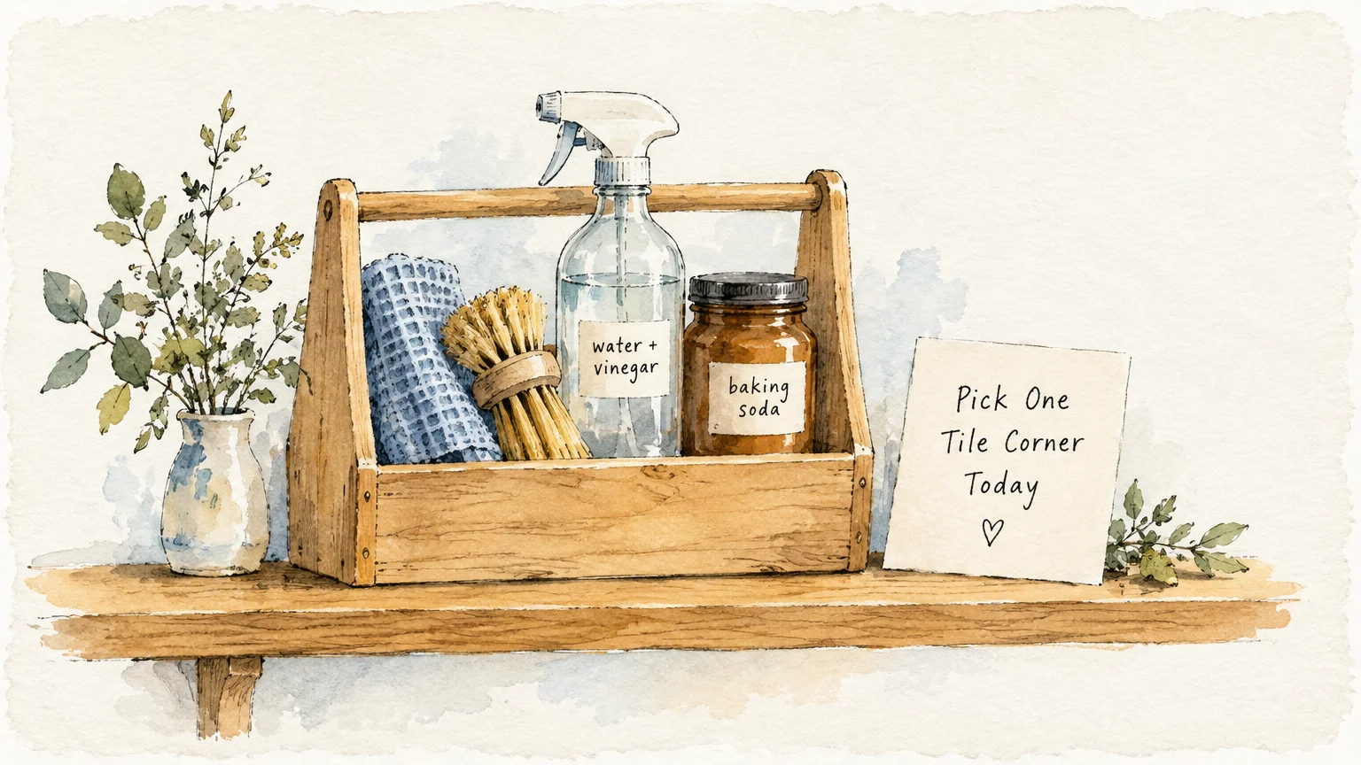 Watercolor of a wooden cleaning caddy with a spray bottle, brush, baking soda jar, and note on a wooden shelf.