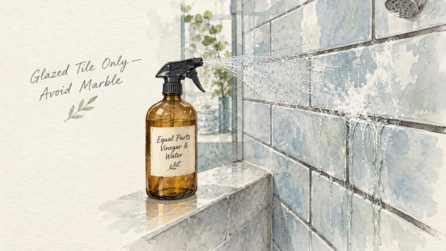 Watercolor illustration of an amber spray bottle spraying a solution onto blue tiled shower walls.