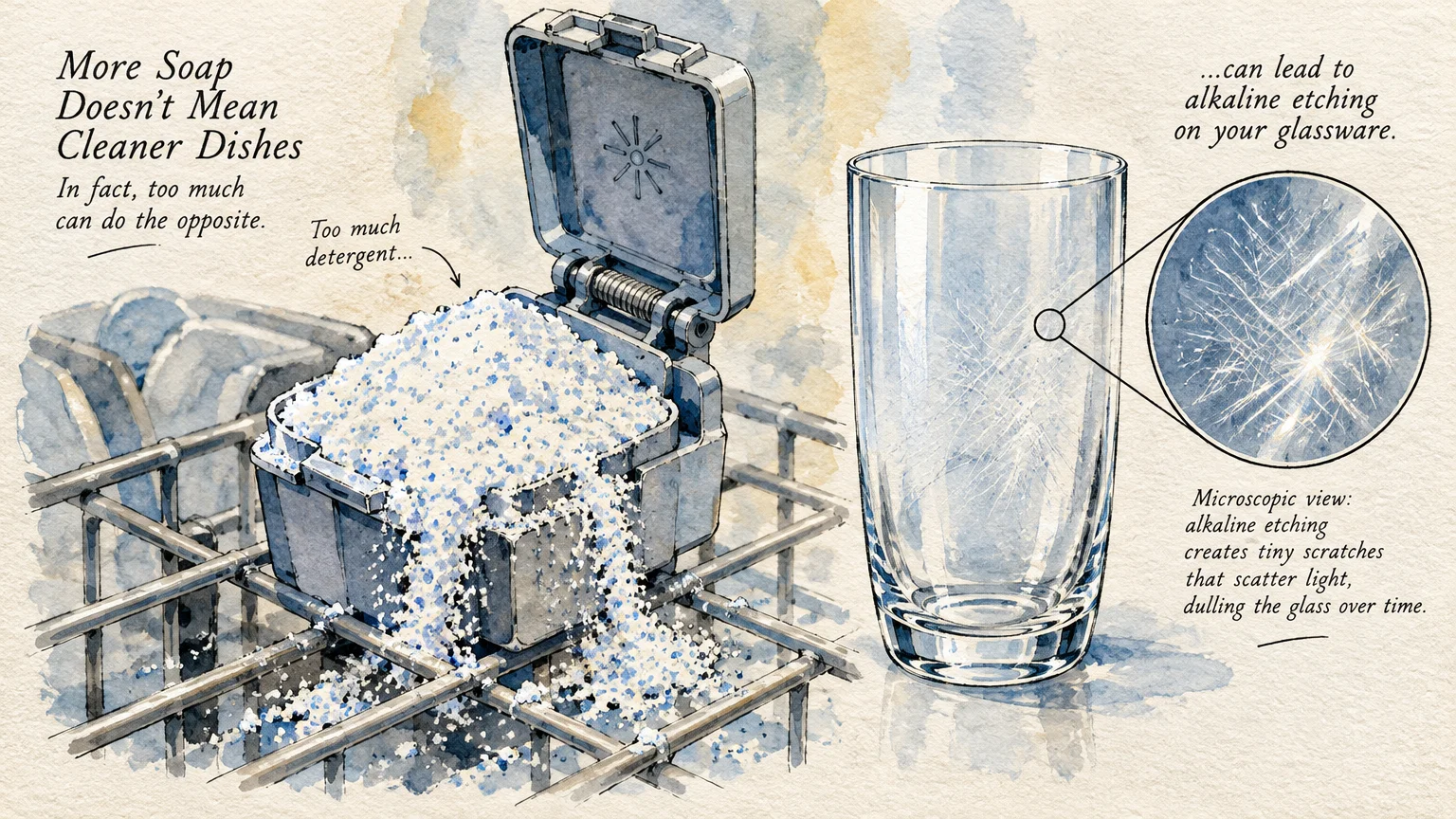 Watercolor illustration of an overflowing dishwasher detergent dispenser alongside an etched drinking glass.