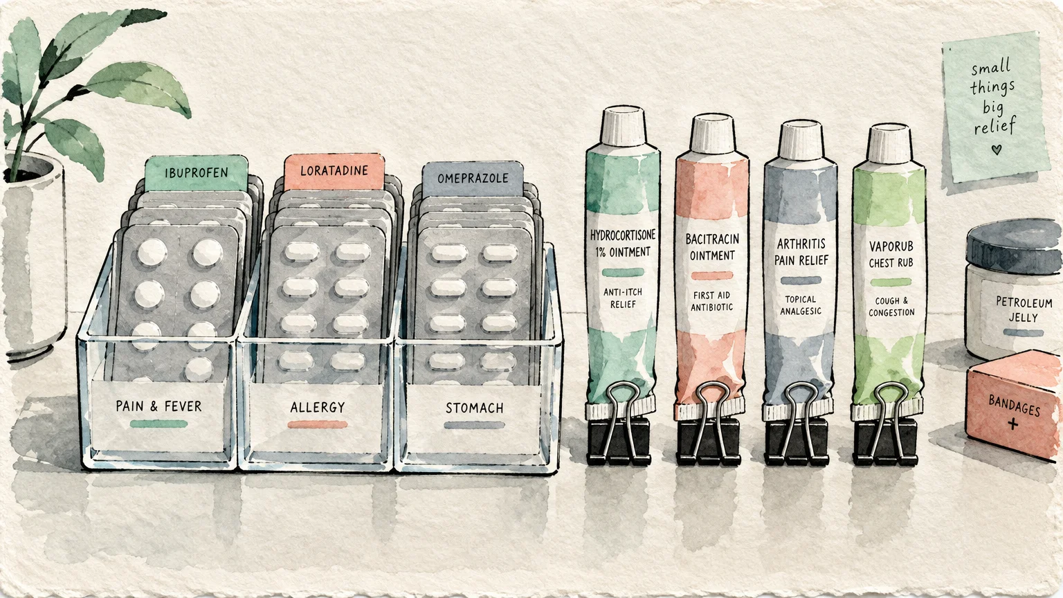 Illustration of pill blister packs sorted into small clear bins beside ointment tubes held upright with binder clips.