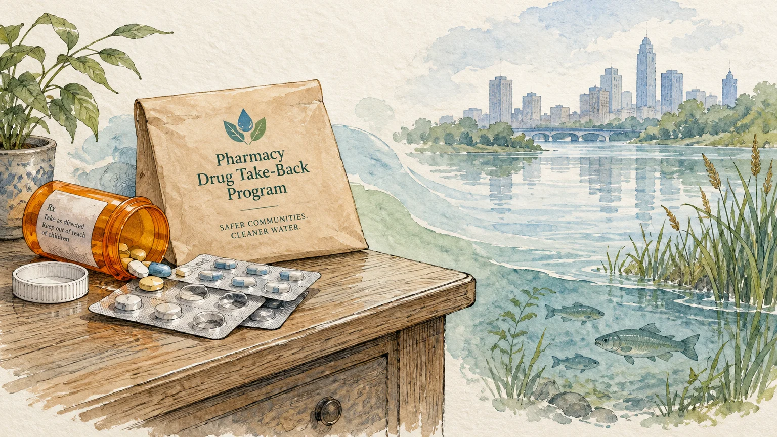 Watercolor illustration of prescription pills and a drug take-back bag beside a river flowing past a city skyline.