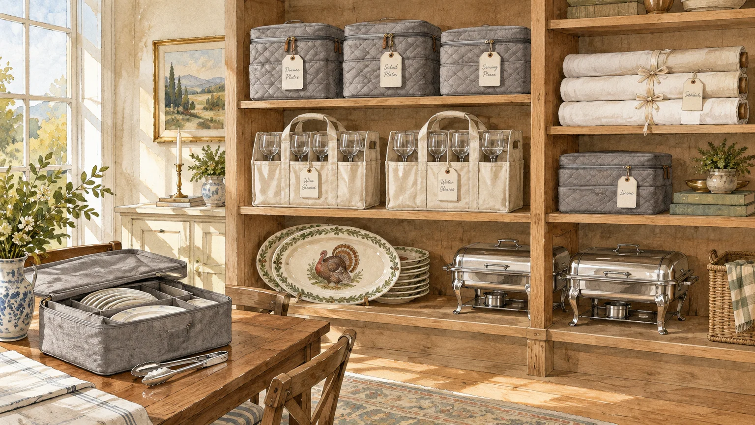 Shelves holding labeled fabric storage cases for dishware, glassware carriers, rolled linens, chafing dishes, and platters.