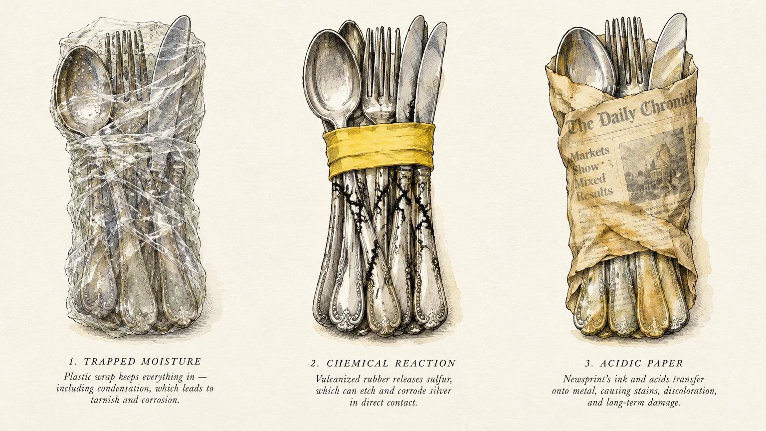 Illustration of three cutlery bundles wrapped in plastic wrap, bound by a yellow rubber band, and rolled in newspaper.