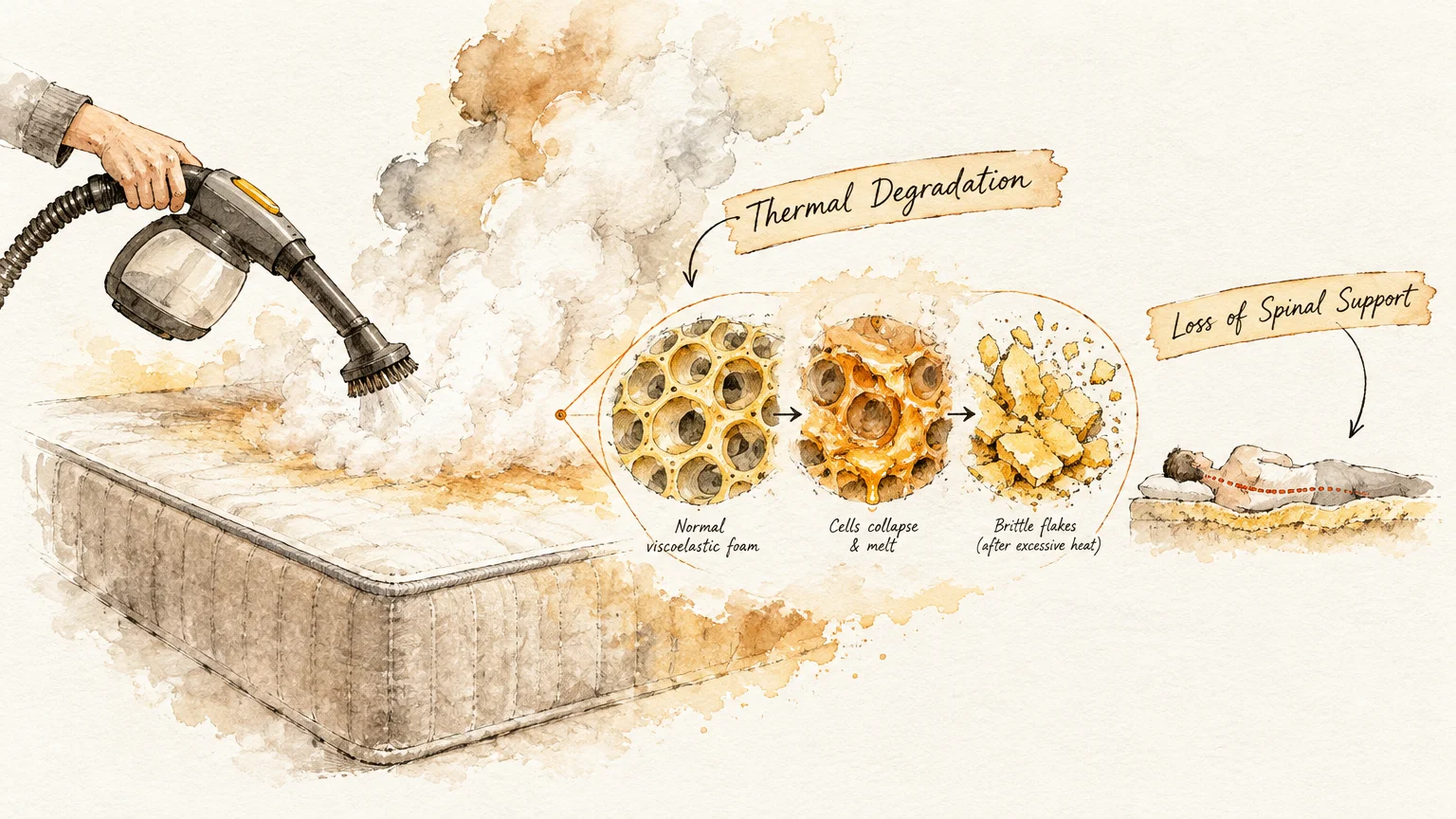 Illustration of steam cleaning a mattress, showing foam cell breakdown, brittle flakes, and a sleeper losing spinal support.