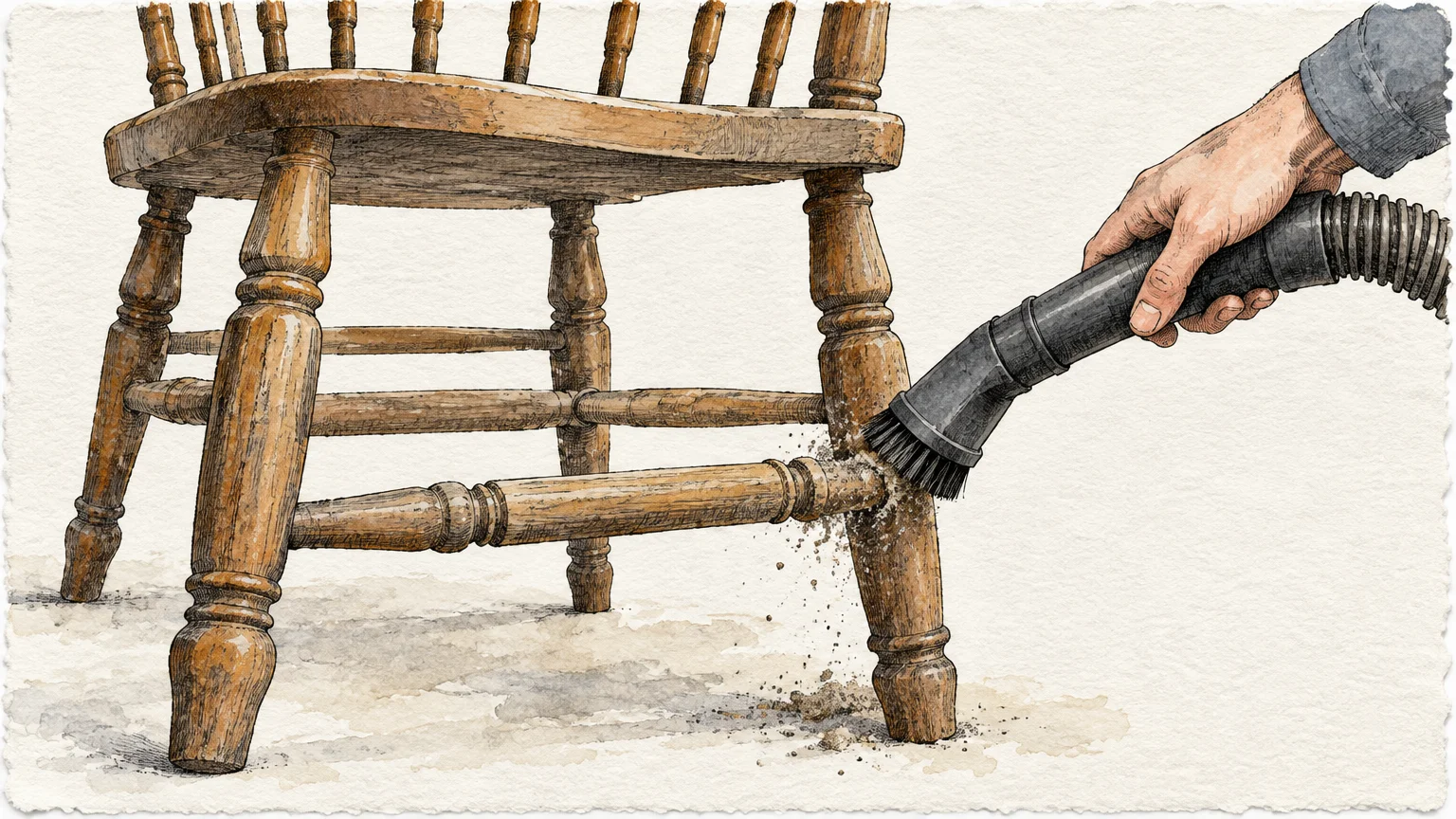 Illustration of a hand using a vacuum brush attachment to clean dust off the lower rung of a wooden dining chair.