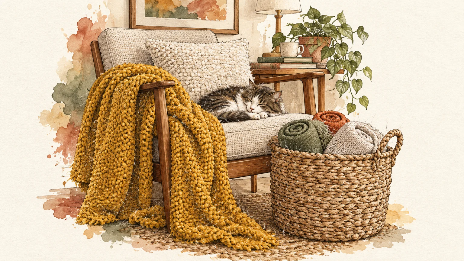 Watercolor illustration of a cat sleeping in an armchair beside a chunky yellow knit blanket and woven basket.