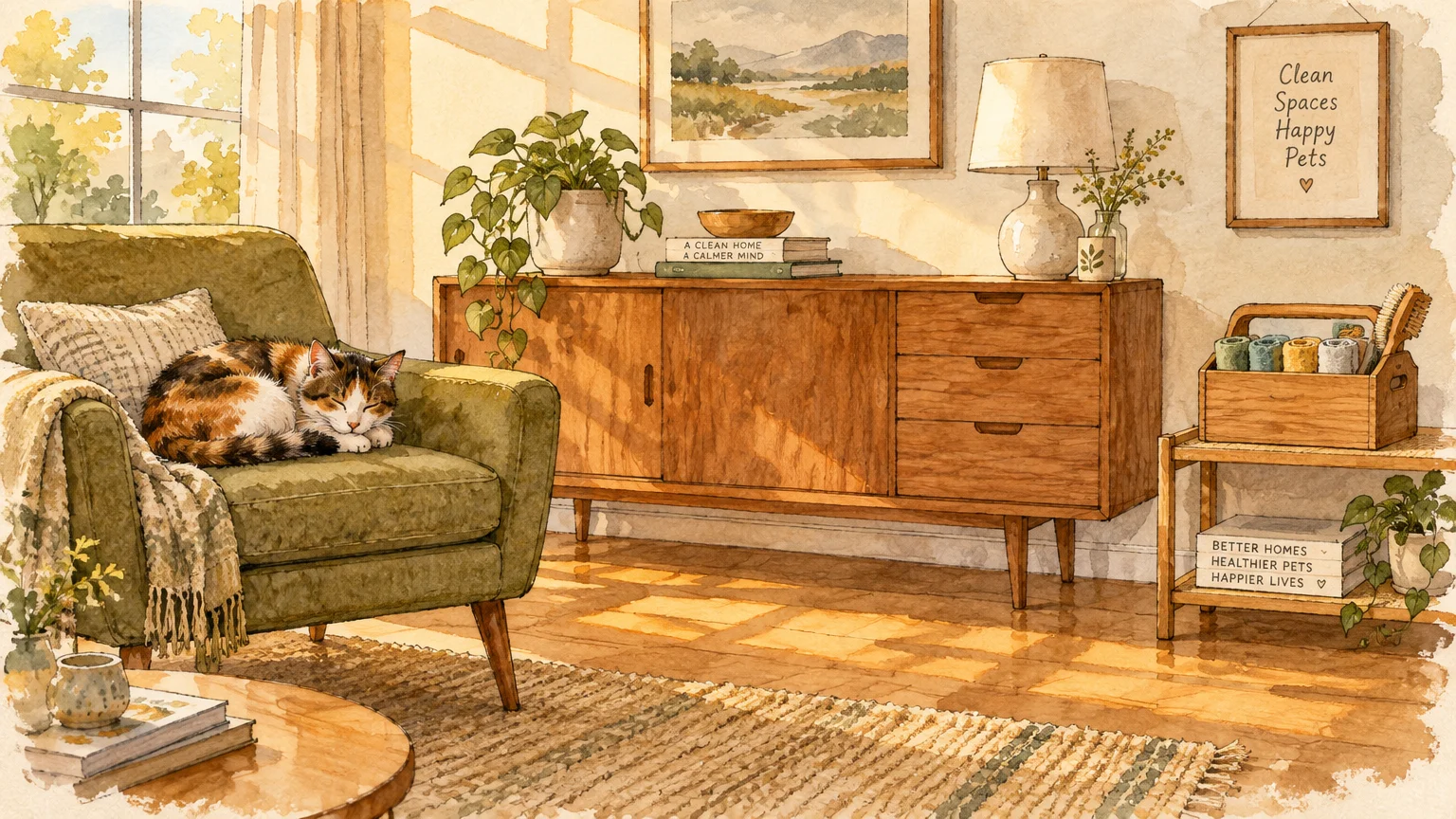Watercolor illustration of a cat sleeping on an armchair in a sunlit living room with a wooden sideboard and plants.